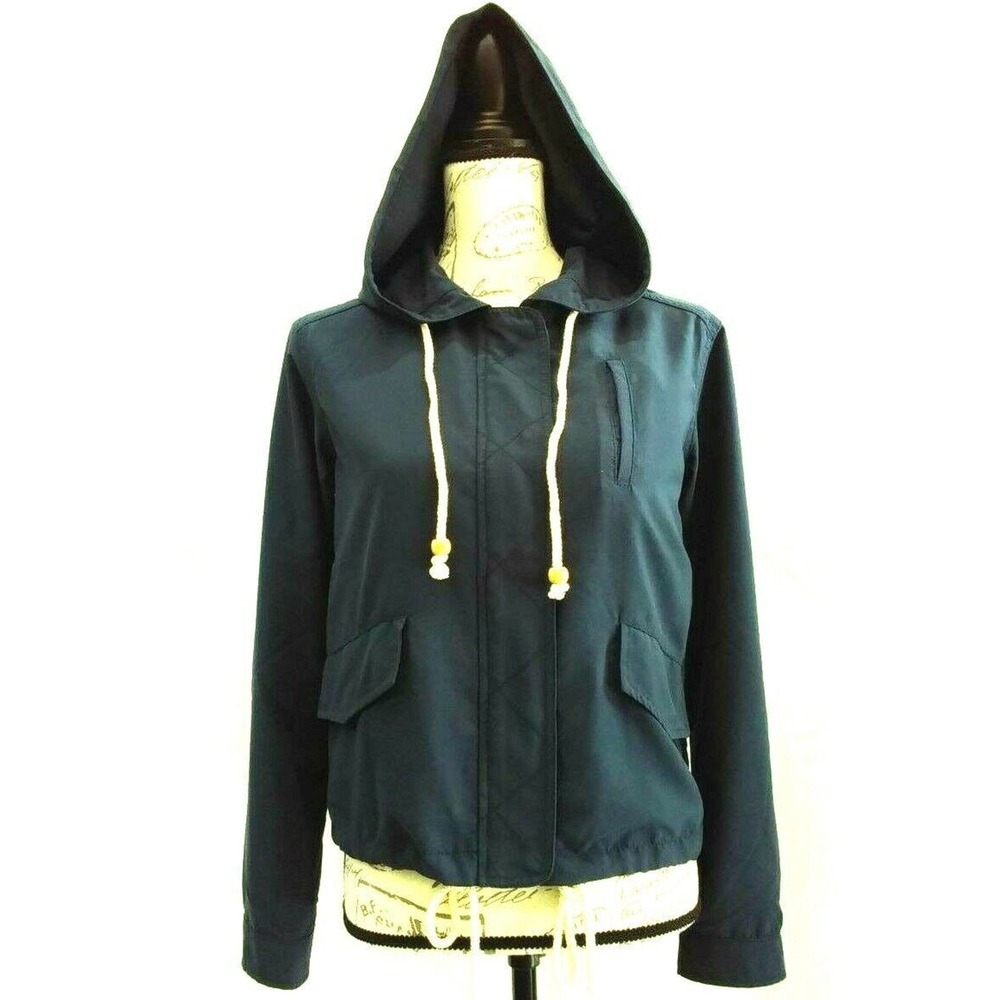 Forever 21 Jacket SMALL Navy Blue Hood Drawstring Snap Zipper Pocket